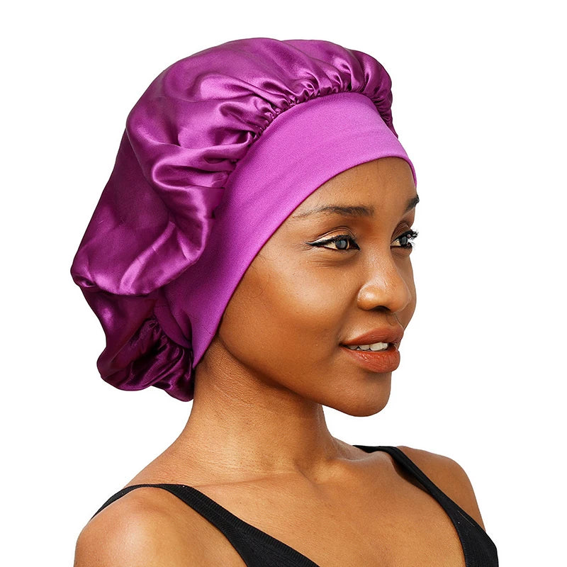 Satin Solid Wide-Brimmed Unisex Sleeping Hat - Elastic Band Hair Care Bonnet for Night Use.