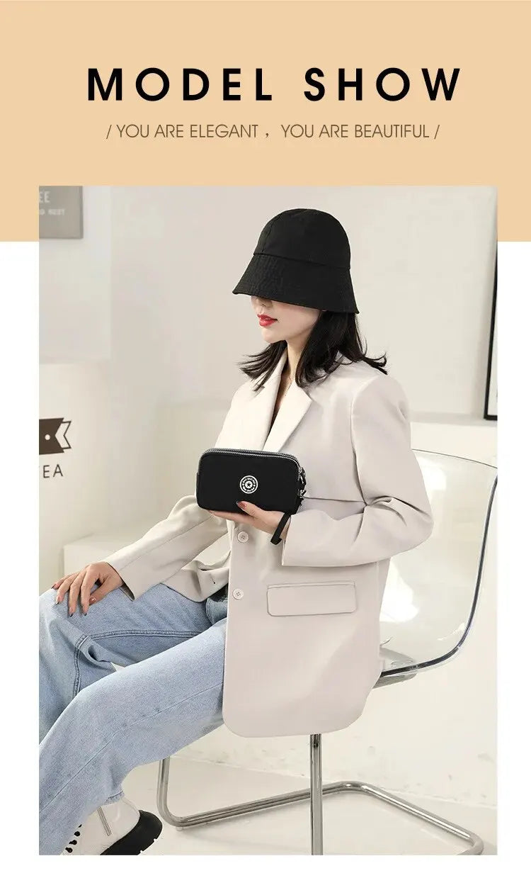 Solid Color Coin Purse Women Handbag Small Wallet Wrinkle Fabric Phone Purse Three Zippers Portable Make Up Bag.