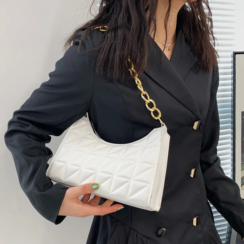 100% Polyurethane Solid Color Stitching Underarm Bag Chain One-shoulder WOMEN'S Bag.