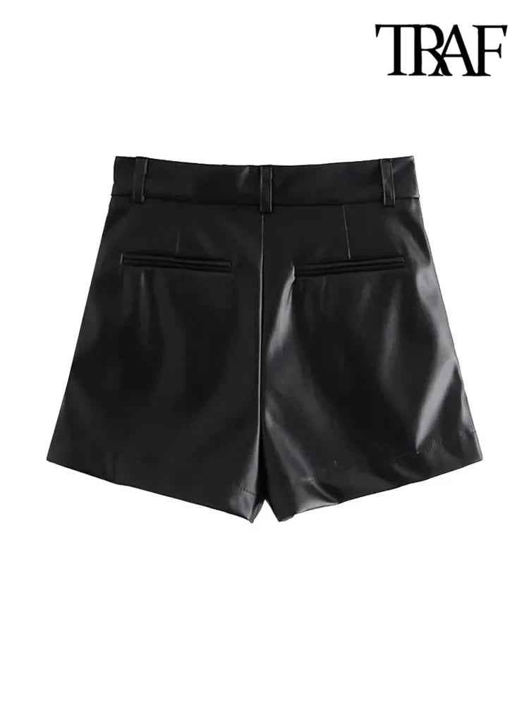 TRAF-Women's Faux Leather Shorts with Side Pockets, High Waist, Zipper Fly, Female Short Pants, Chic Fashion.