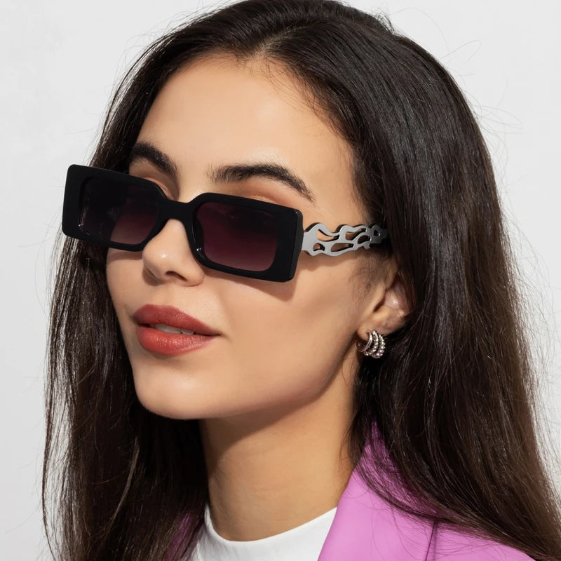 Vintage Flamed Frame Rectangle Sunglasses for Women - Retro UV400 Shades for Travel and Hip-hop Style.