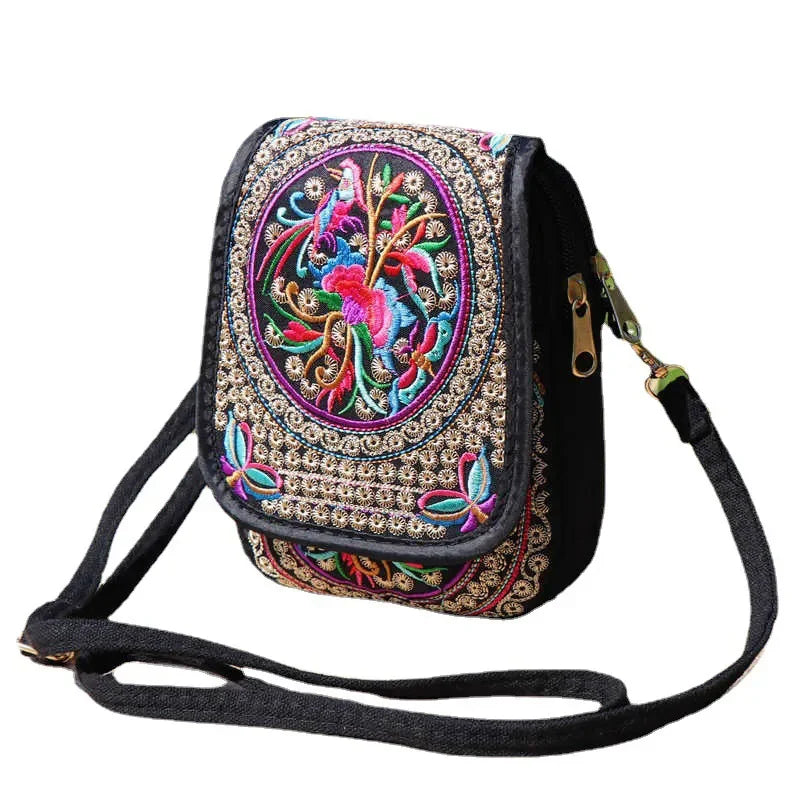 1PC Embroidered National Style Cloth Bag Waist Bag Oblique Span Shoulder Coin Mini Wallet Carry Vertical Square.