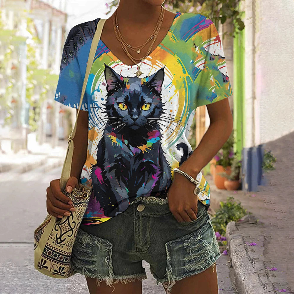 Summer Women's T Shirt Anger Cat Print Casual Short Sleeve 3d T Shirts Streetwear Crew Neck Pullover Oversized Female Clothing.