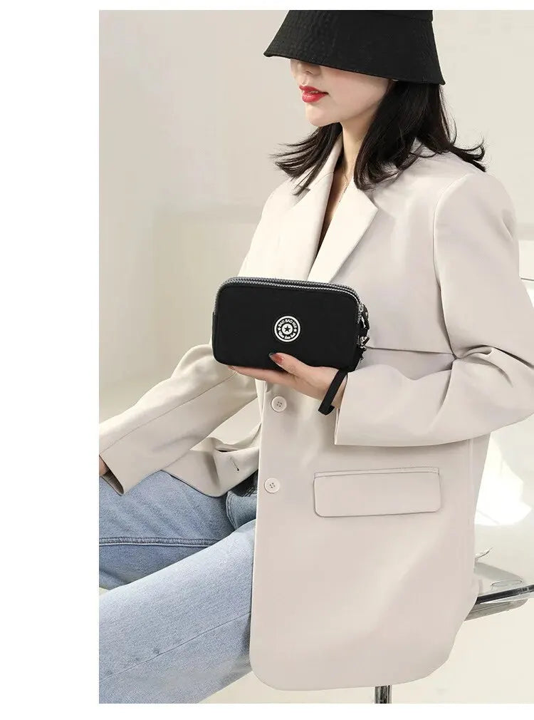 Solid Color Coin Purse Women Handbag Small Wallet Wrinkle Fabric Phone Purse Three Zippers Portable Make Up Bag.