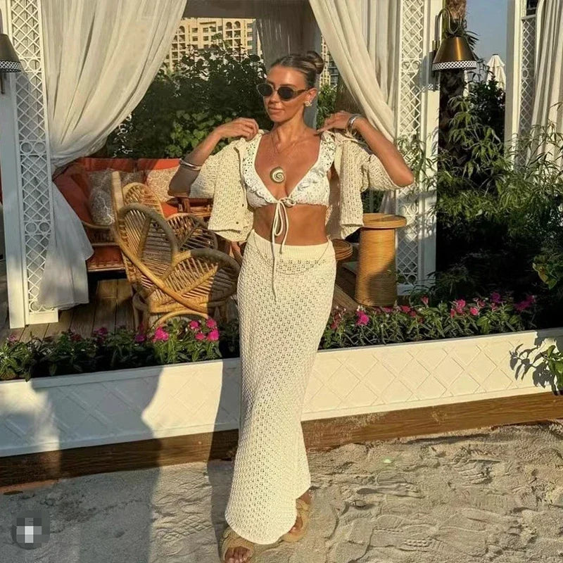 Elegant Knitted Long Skirt Women's Sets Hollow Out Lapel Short Sleeve Cropped Top  Maxi Skirts 2024 Summer Crochet Female Suit - Elevate Your Body