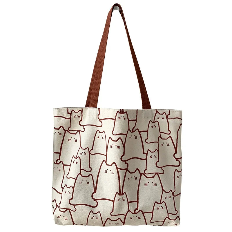 Canvas Bags Handbag for Women Shopper Cute Cat Tote Bag with Zipper Designer Bag Japanese Style Cartoon Small Shoulder.