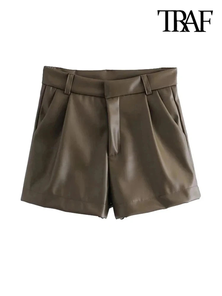 TRAF-Women's Faux Leather Shorts with Side Pockets, High Waist, Zipper Fly, Female Short Pants, Chic Fashion.