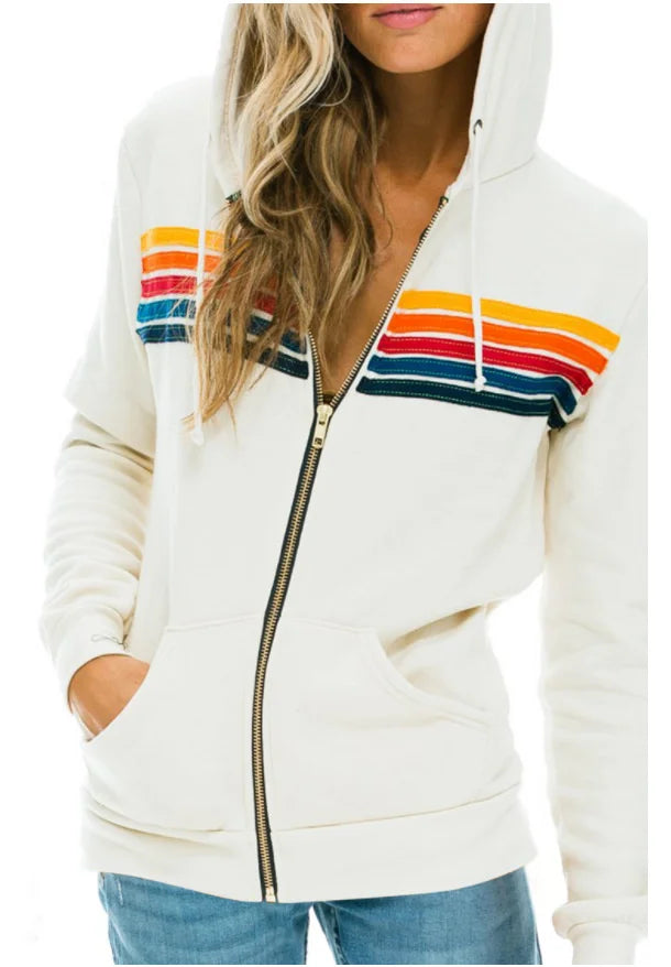 2025 Women Men Zipper Rainbow Long Sleeve Hooded Sweatershirt Harajuku Elastic Hip Hop 5 Stripe Hoodies Jacket - Elevate Your Body