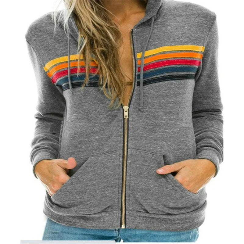 2025 Women Men Zipper Rainbow Long Sleeve Hooded Sweatershirt Harajuku Elastic Hip Hop 5 Stripe Hoodies Jacket.