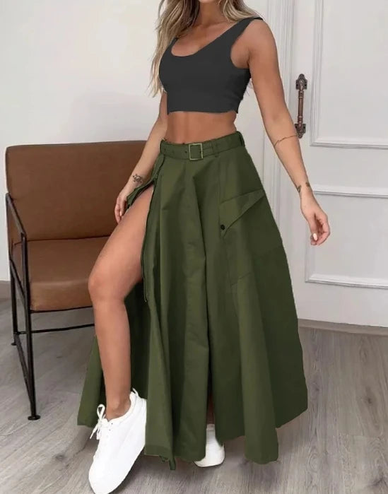 Two Piece Set Women Outfit Summer Fashion U-Neck Sleeveless Solid Color Crop Vest & Casual High Waist Zipper Slit Skirt Set.