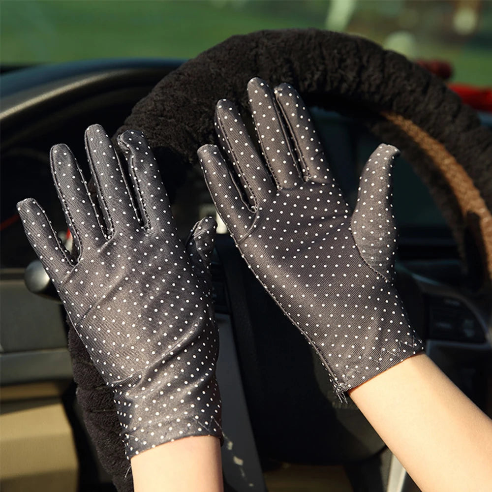 Fashionable Women's Spandex Driving Gloves for Summer Sunscreen Protection with Dots Design.