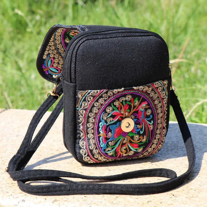 1PC Embroidered National Style Cloth Bag Waist Bag Oblique Span Shoulder Coin Mini Wallet Carry Vertical Square.