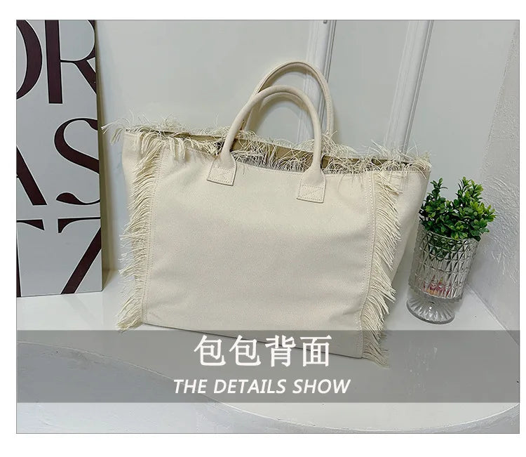 Popular Korean letters tassel canvas bag large-capacity bag simple commuting students to single shoulder Tote bag - Elevate Your Body