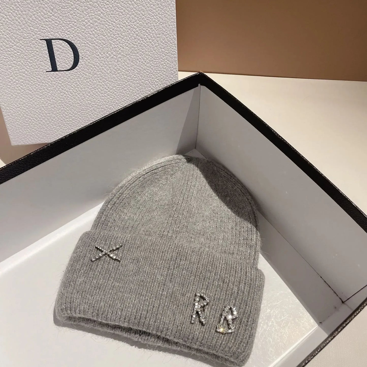 Luxury Rabbit Fur Beanie with Diamond Letters for Women - Cozy Winter Knitted Hat for Casual Outdoor Activities.