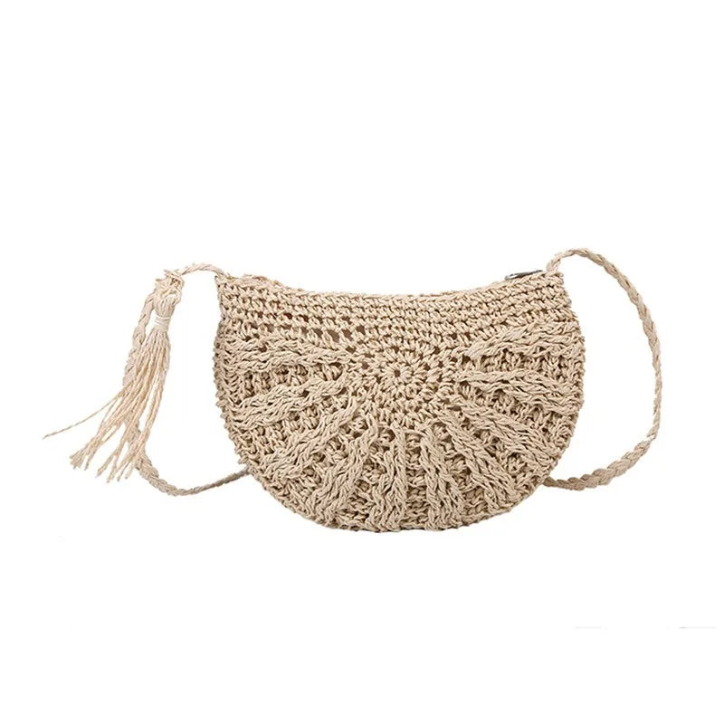 2023 Half Round Straw Bag for Women Summer Beach Rattan Shoulder Bag Zipper Woven Half Moon Crossbody Handbags Bohemia Vacation.