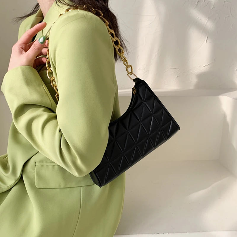 100% Polyurethane Solid Color Stitching Underarm Bag Chain One-shoulder WOMEN'S Bag.