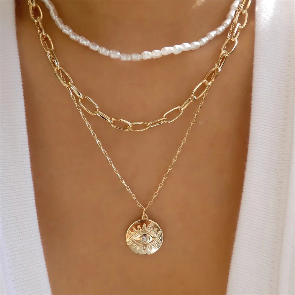 Gold-plate Faux Pearl Snake Chain Shell Pendant Necklaces For Women Necklace New Multi Level Female Boho Vintage Jewelry Gift.