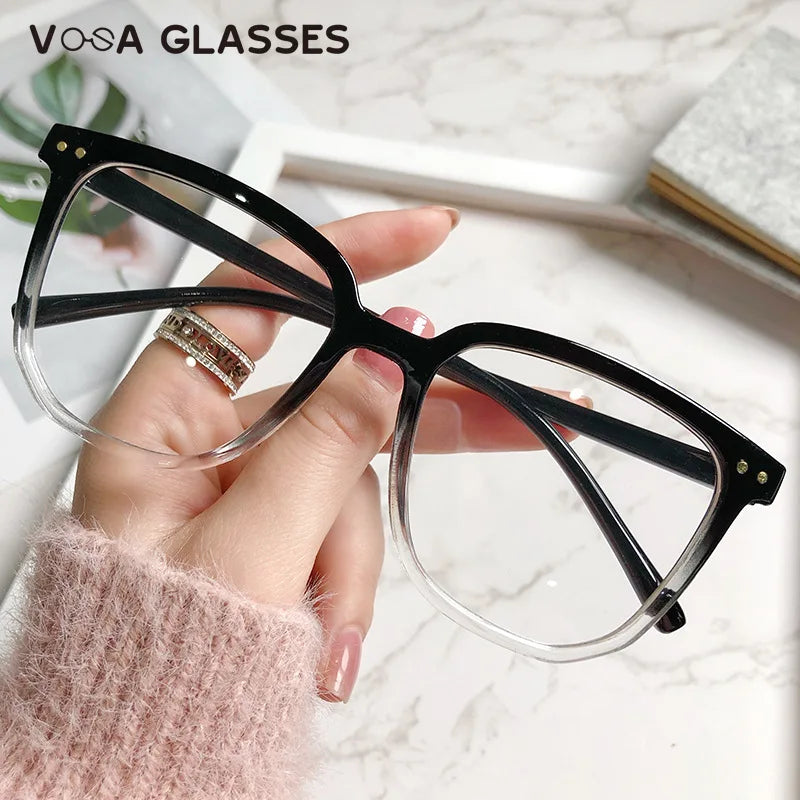 Stylish Oversized Transparent Square Myopia Glasses for Men and Women with Anti-Blue Light Lenses (-600 to 0)