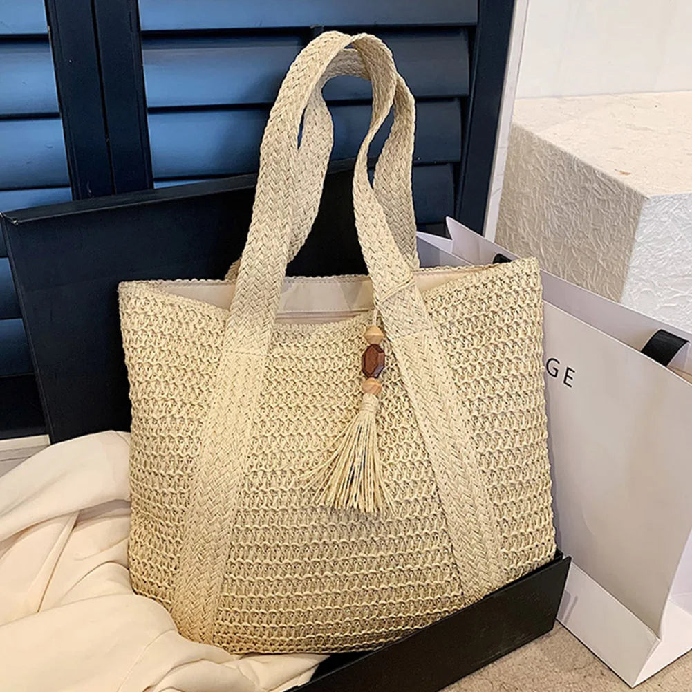 Women Shoulder Bag Summer Hand-Woven Handbags Fashion Handmade Simple Large Capacity with Tassel Pendant Shopping Handbag Tote.