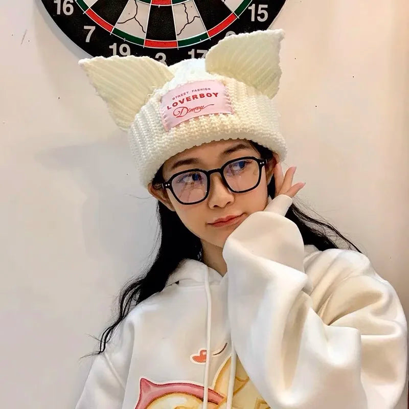 Adorable Cat Ear Knit Beanie for Women - Winter Warm Pig Ear Wool Cap - Kpop Style Hooded Hat.