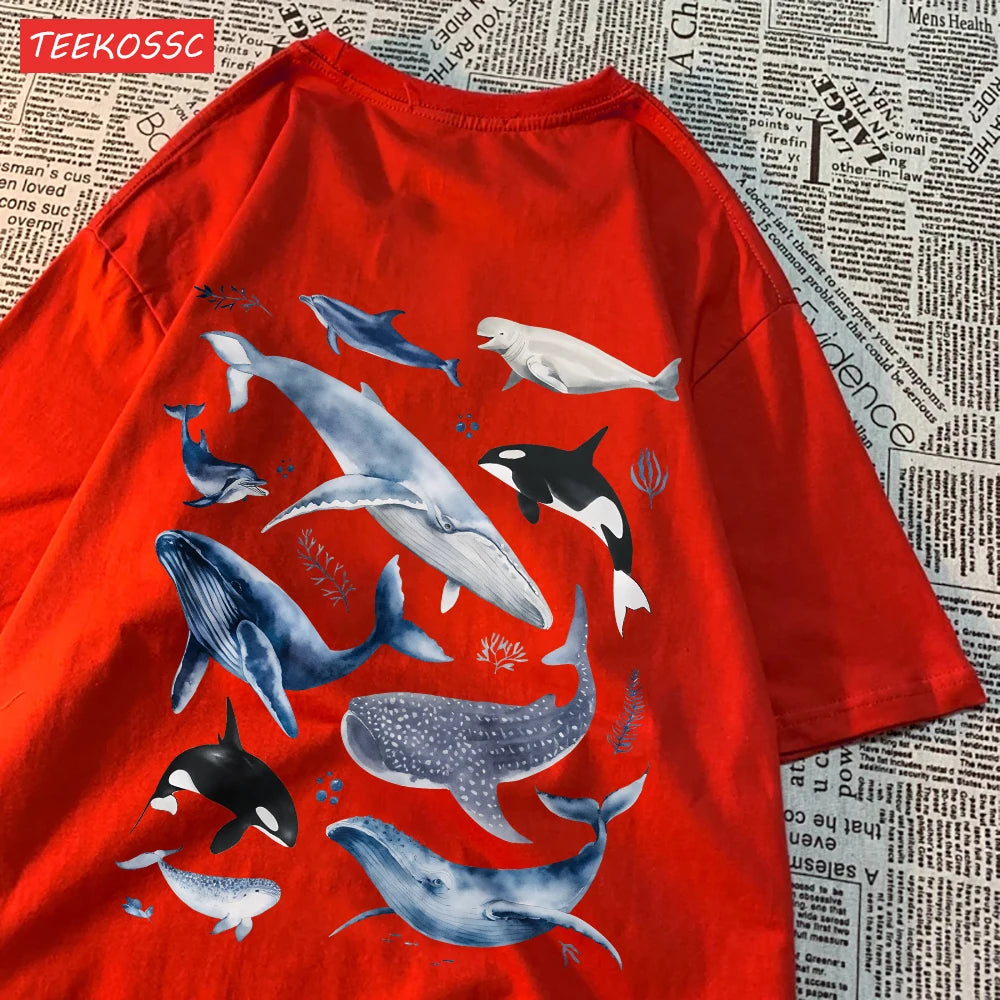 Fashion Cotton Women'S T-Shirts Ocean And Whales Printing Tops Oversize O-Neck Soft Short Sleeve Summer Casual Female Clothes.