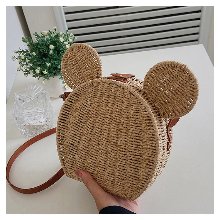 Disney 2023New Ladies Designer Straw Fancy Bag Cute Handbag Rattan Travel Leisure Vacation Small Round Beach Mickey Shoulder Bag - Elevate Your Body