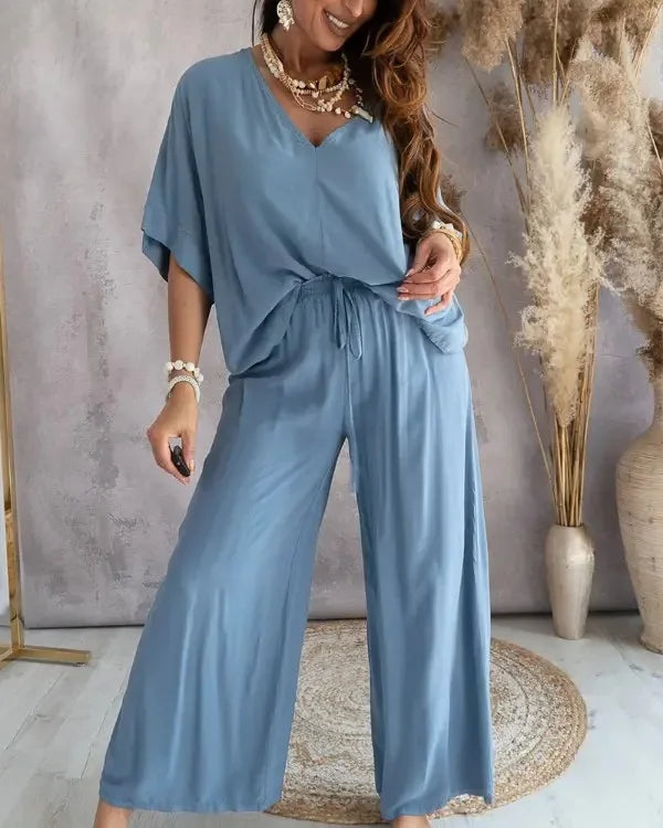 Sexy V Neck Midi Sleeve Shirt Pants Set Spring Summer Fashion Print Blouse Solid Trousers Two Piece Sets For Women Outfit 2024.