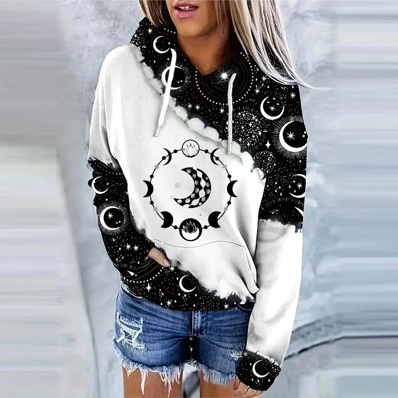 Moon Print Drawstring Hoodie Casual Long Sleeve Hooded Sweatshirt Women's Clothing.