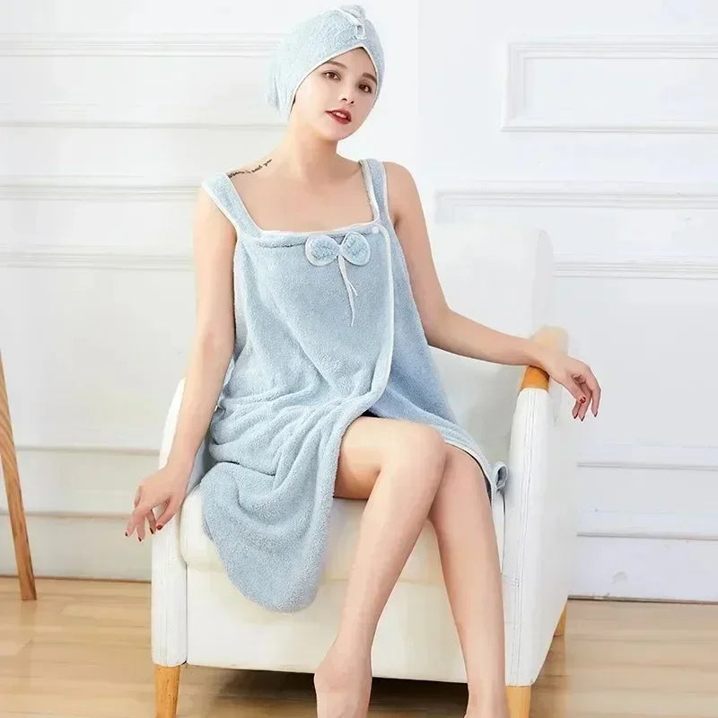 2Pcs Wearable Bath Towel Coral Fleece Suspender Bath Dress Shower Cap Set Soft Quick Drying Bathrobe for Women Girls.