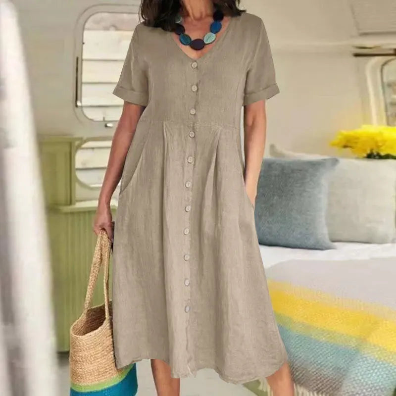 Women's Clothing Summer Casual V Neck Short Sleeve Cotton Linen Midi Dress Solid Loose High Waist Elegant Party Dresses Vestidos - Elevate Your Body