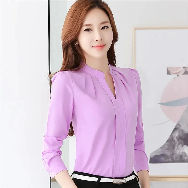 Chiffon Blouse Women Korean Fashion Women Clothing White Shirt  Long Sleeve Blouses V-neck Womens Tops Basic Shirts and Blouses.