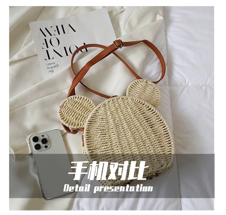 Disney 2023New Ladies Designer Straw Fancy Bag Cute Handbag Rattan Travel Leisure Vacation Small Round Beach Mickey Shoulder Bag.