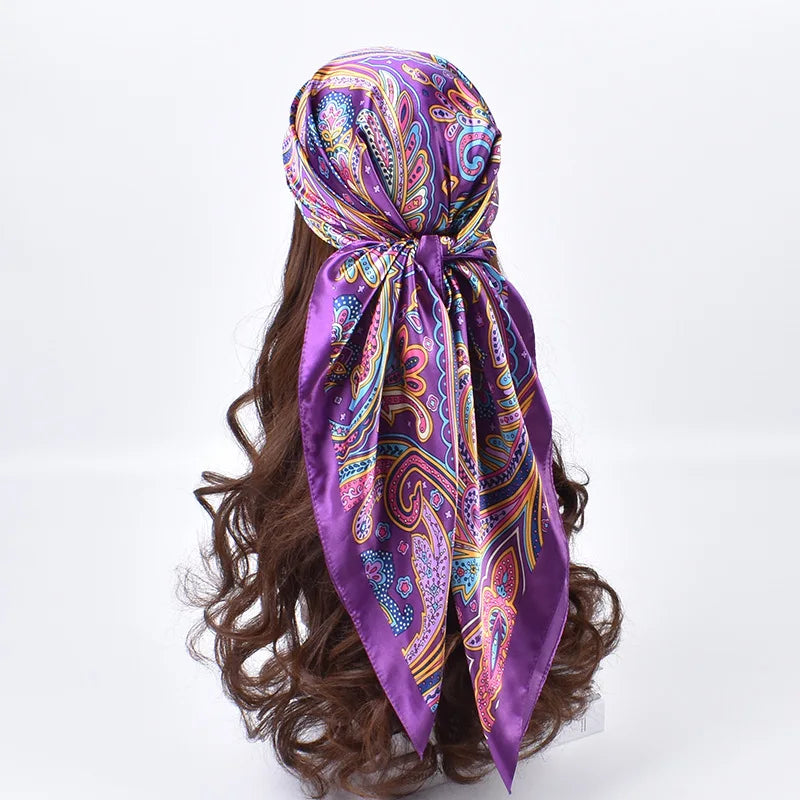 Versatile Cashew Satin Large Square Scarf with Fashion Stripes for Women - Trendy and Personalized Design.