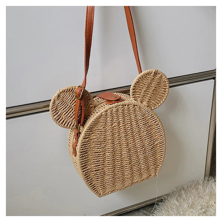 Disney 2023New Ladies Designer Straw Fancy Bag Cute Handbag Rattan Travel Leisure Vacation Small Round Beach Mickey Shoulder Bag - Elevate Your Body