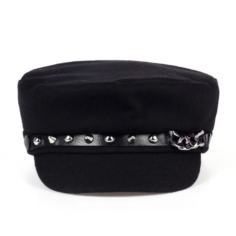 Unisex Studded Chain Military Cap - Flat Top Baseball Hat for Outdoor Sports and Sunscreen Protection.