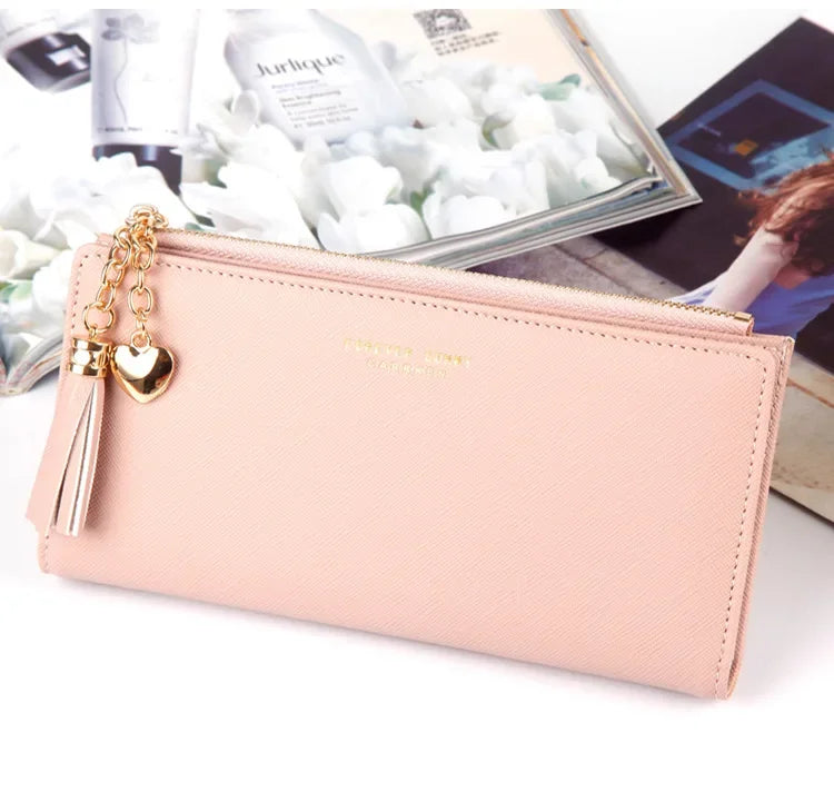 Women's Long Wallet,Multi Card slots Handheld Clutches,Tassel Zipper Clutch Purse,Slim Large Capacity Leather Mobile Phone Bag.