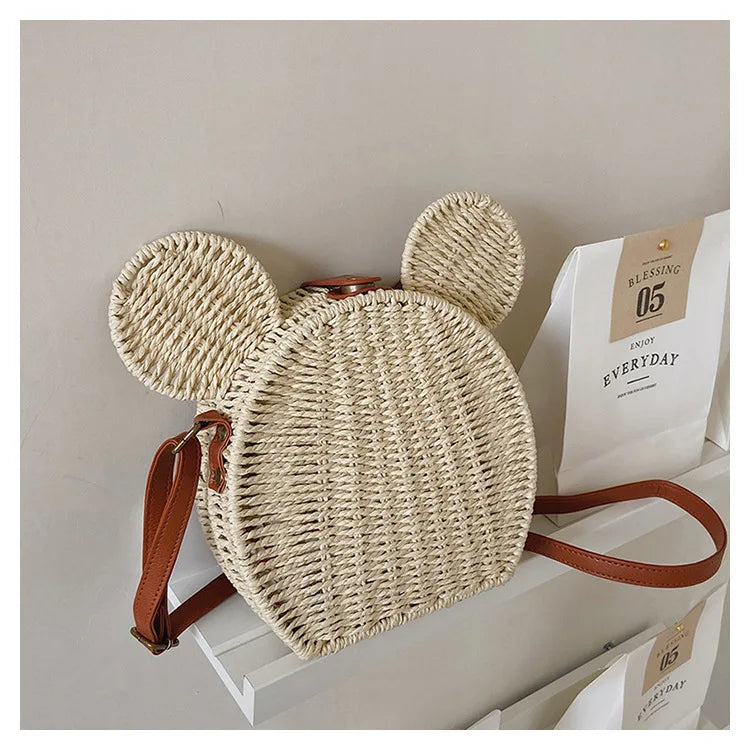 Disney 2023New Ladies Designer Straw Fancy Bag Cute Handbag Rattan Travel Leisure Vacation Small Round Beach Mickey Shoulder Bag - Elevate Your Body