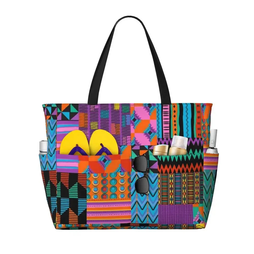 Custom African Kente Cloth Design Tote Bag for Women Large Capacity Traditional Africa Ethnic Ankara Beach Gym Travel Bags