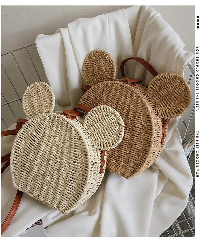 Disney 2023New Ladies Designer Straw Fancy Bag Cute Handbag Rattan Travel Leisure Vacation Small Round Beach Mickey Shoulder Bag.