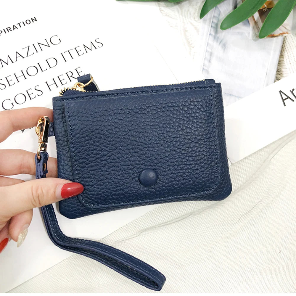 Custom Letters Women Coin Purse Genuine Leather Lady Keychain Card Holder Small Lanyard Wallet Personalize Name Zip Wristlet Bag.