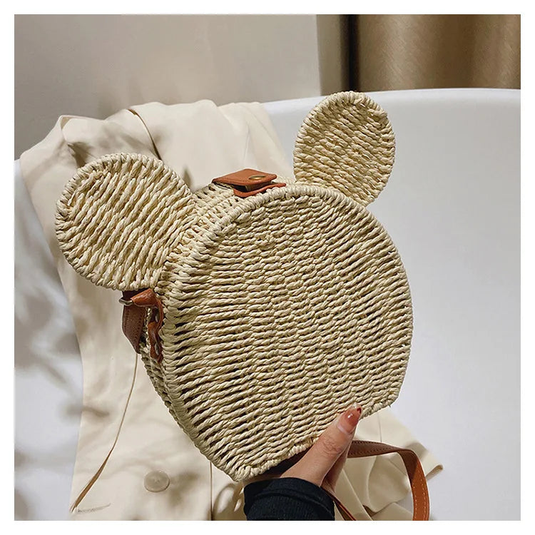 Disney 2023New Ladies Designer Straw Fancy Bag Cute Handbag Rattan Travel Leisure Vacation Small Round Beach Mickey Shoulder Bag - Elevate Your Body