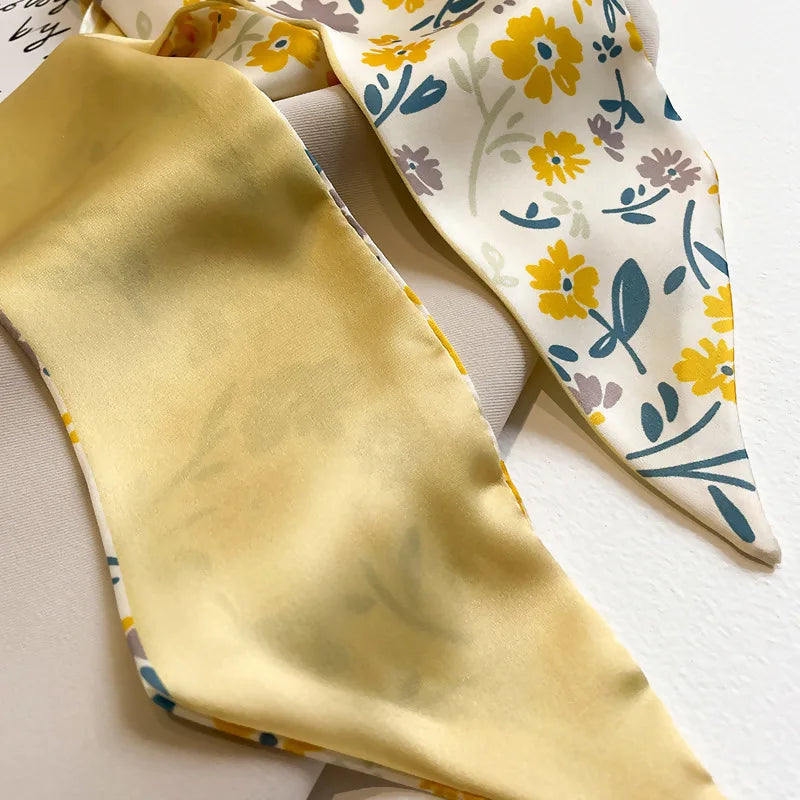 Elegant Yellow and White Silk Scarf for Women - Versatile Hair Tie and Bag Accessory for Spring and Summer.