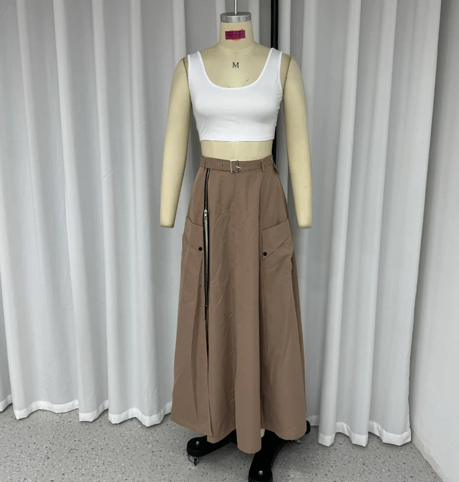 Two Piece Set Women Outfit Summer Fashion U-Neck Sleeveless Solid Color Crop Vest & Casual High Waist Zipper Slit Skirt Set.