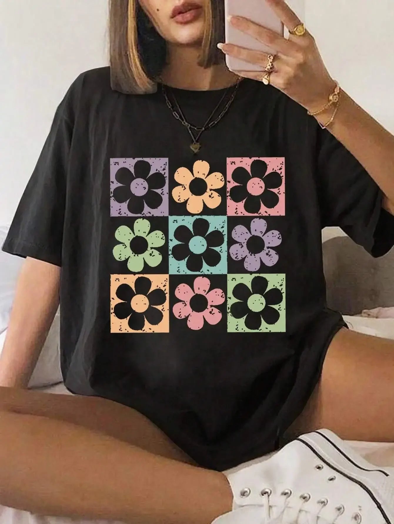 Nine Chrysanthemums Of Different Colors Women Tshirt Street Hip Hop Short Sleeve Oversized Tee Shirt Casual Cotton Clothes.