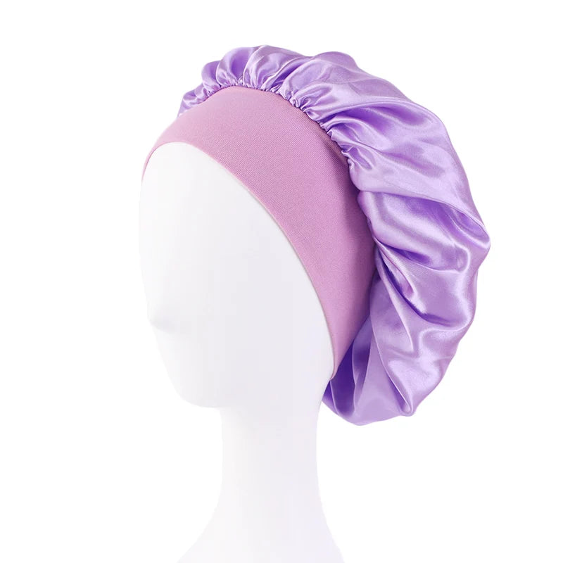 Satin Solid Wide-Brimmed Unisex Sleeping Hat - Elastic Band Hair Care Bonnet for Night Use.