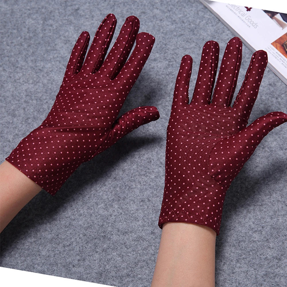 Fashionable Women's Spandex Driving Gloves for Summer Sunscreen Protection with Dots Design.