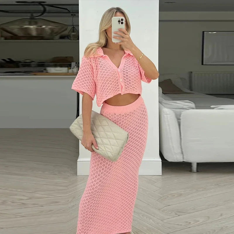 Elegant Knitted Long Skirt Women's Sets Hollow Out Lapel Short Sleeve Cropped Top  Maxi Skirts 2024 Summer Crochet Female Suit - Elevate Your Body