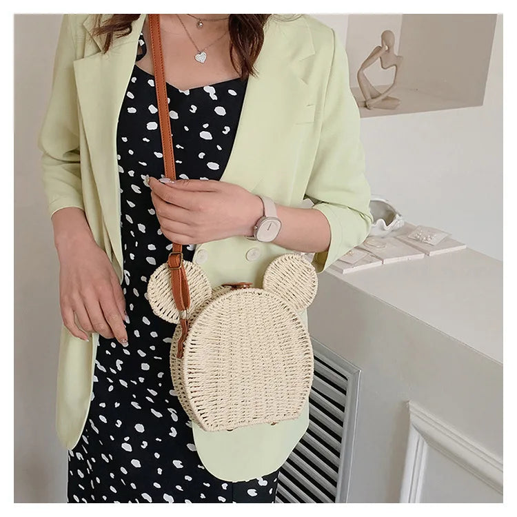 Disney 2023New Ladies Designer Straw Fancy Bag Cute Handbag Rattan Travel Leisure Vacation Small Round Beach Mickey Shoulder Bag - Elevate Your Body