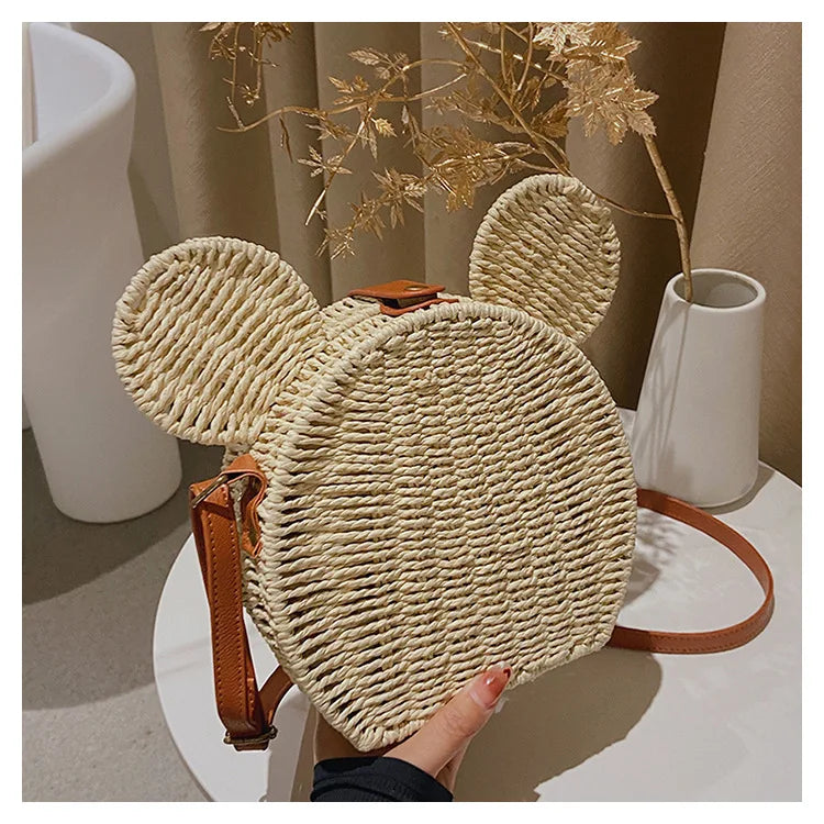 Disney 2023New Ladies Designer Straw Fancy Bag Cute Handbag Rattan Travel Leisure Vacation Small Round Beach Mickey Shoulder Bag - Elevate Your Body