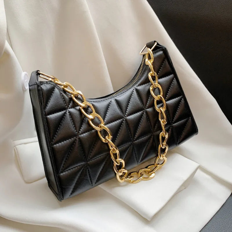 100% Polyurethane Solid Color Stitching Underarm Bag Chain One-shoulder WOMEN'S Bag.